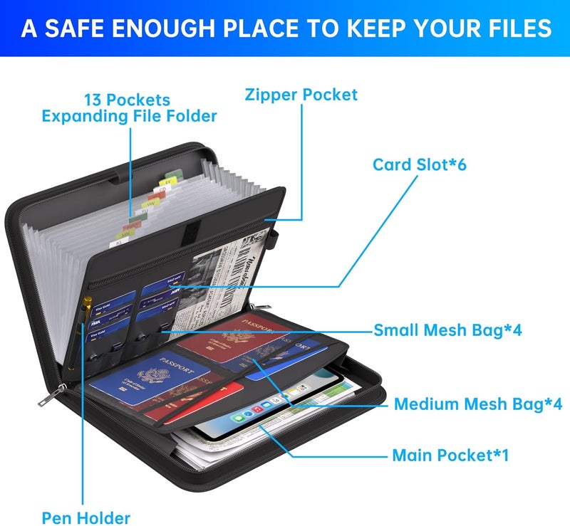 ENGPOW Accordion File Organizer, Fireproof Expanding File Folder with 13 Pockets Document Organizer with Handle & Labels, Portable Home Travel Safe Storage for Letter A4 Files and More, Black - Image 5